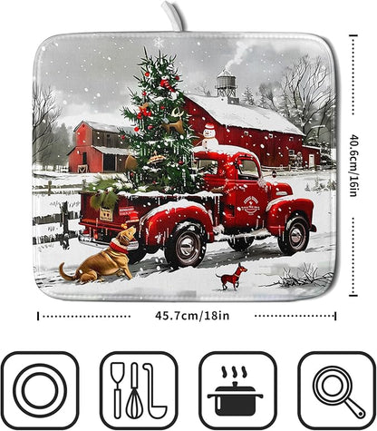 Christmas Red Truck Dish Drying Mat for Kitchen Counter 16x18 Inch Xmas Tree Snowman Dog Winter Print Absorbent Reversible Microfiber Drying Mats Kitchen Countertop Protector Dishes Drainer Rack Pad - Image 2