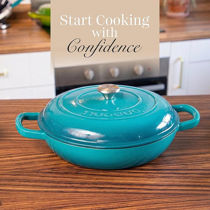Shallow Cast Iron Casserole with Lid – Non Stick Dutch Oven Pot, Oven Safe up to 500° F – Sturdy Ovenproof Stockpot Cookware – Enamelled Cooking Pot – Teal, 5-Quart, 32cm – by Nuovva