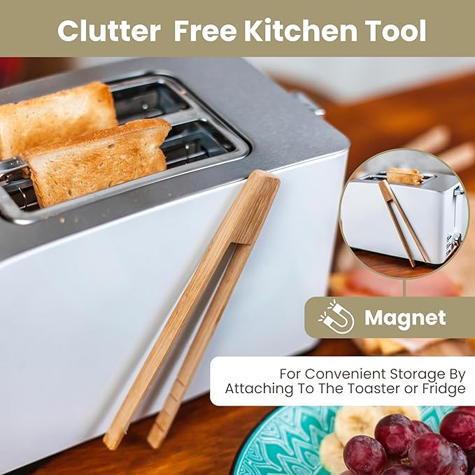 Toaster Tongs With Magnet | Bamboo Kitchen Utensils For Cooking & Holding Toast Bacon Muffin Bagel Bread | 8" Long Natural Toxic Free Magnetic | 2pcs Set - Image 2