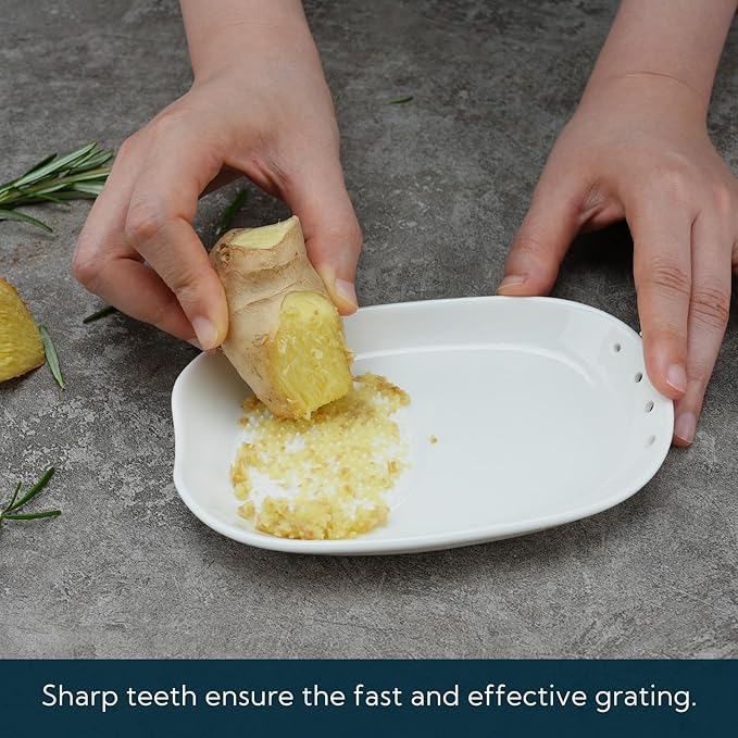 KITCHENDAO 3 in 1 Porcelain Ginger Grater Tool Spoon Rest Herb Stripper, 6.5 x 4.3 inches for Kitchen, Japanese Ceramic Garlic Grinding Wasabi Grater Plate Dish for Daikon Radish & Parmesan Cheese - Image 4