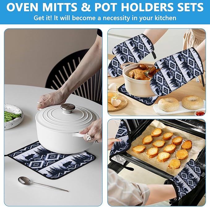 Vintage Rustic Bear Oven Mitts and Pot Holders Sets Heat Resistant 4Pcs Potholders Oven Gloves Hot Pads for Kitchen Baking Cooking Grilling BBQ