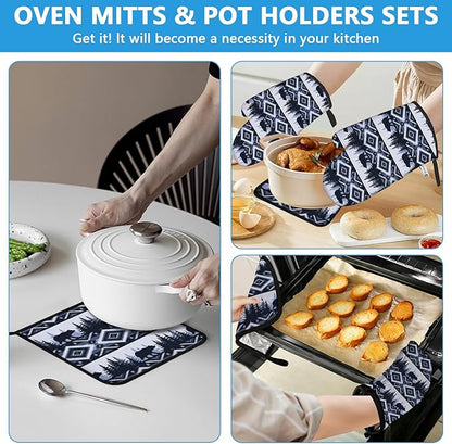 Vintage Rustic Bear Oven Mitts and Pot Holders Sets Heat Resistant 4Pcs Potholders Oven Gloves Hot Pads for Kitchen Baking Cooking Grilling BBQ