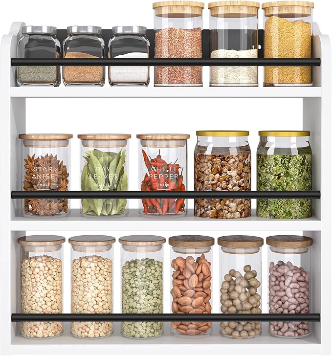 3 Tier Wooden Spice Rack, Seasoning Jars Rack Shelf Spice Organizer for Countertop or Wall Mount, Vertical Spice Holder for Kitchen Counter, Cabinet, Pantry, White by BCOZLUX