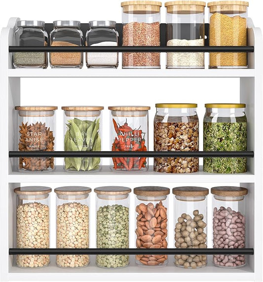 3 Tier Wooden Spice Rack, Seasoning Jars Rack Shelf Spice Organizer for Countertop or Wall Mount, Vertical Spice Holder for Kitchen Counter, Cabinet, Pantry, White by BCOZLUX