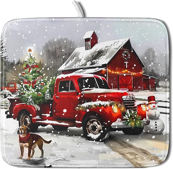 Red Truck Christmas Dish Drying Mat for Kitchen Counter 16x18 Inch Winter Xmas Tree Snowman Dog Print Absorbent Reversible Microfiber Drying Mats Kitchen Countertop Protector Dishes Drainer Rack Pad by Aytipun