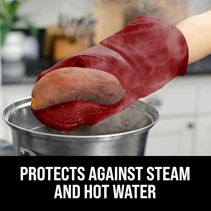 BPA-Free Silicone Oven Mitts Ultra Heat Resistant up to 500°F - Oven Mitts with Thick Cotton Liner - Long Slip Resistant Pot Holders, Flexible Oven Gloves - Empire Red 13.7 - Image 4