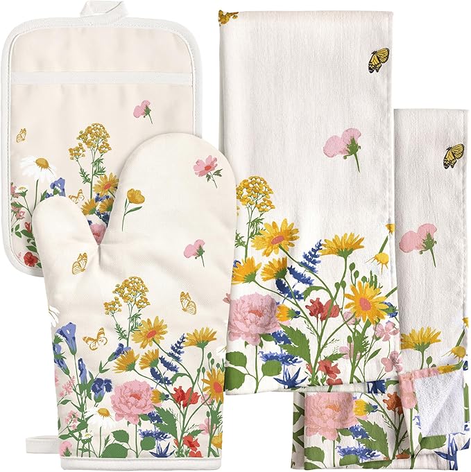 Miss Adola 270 GSM Cotton Kitchen Towels, Oven Mitt and Pot Holder - 4 Pack Kitchen Decor and Accessories Set Spring Cute Farmhouse Quilted Lining Heat Resistant Set with Hanging Loop, Retro Flower by MissAdola