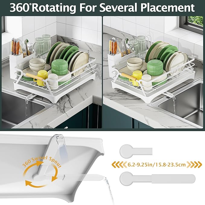 Epicano Dish Drying Rack for Kitchen Counter,Space-Saving Dish Rack,Rustproof Dish Drainer with Utensil Holder and Knife Slots for Sink,Kitchen Drying Rack with Wooden Handle and Cup Holder,White - Image 6