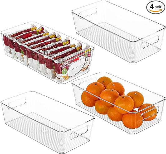 Vtopmart 4pcs Clear Organizers and Storage Bins, Plastic Storage Containers with Handles for Fridge, Freezer, Pantry, Cabinet, Kitchen Organization