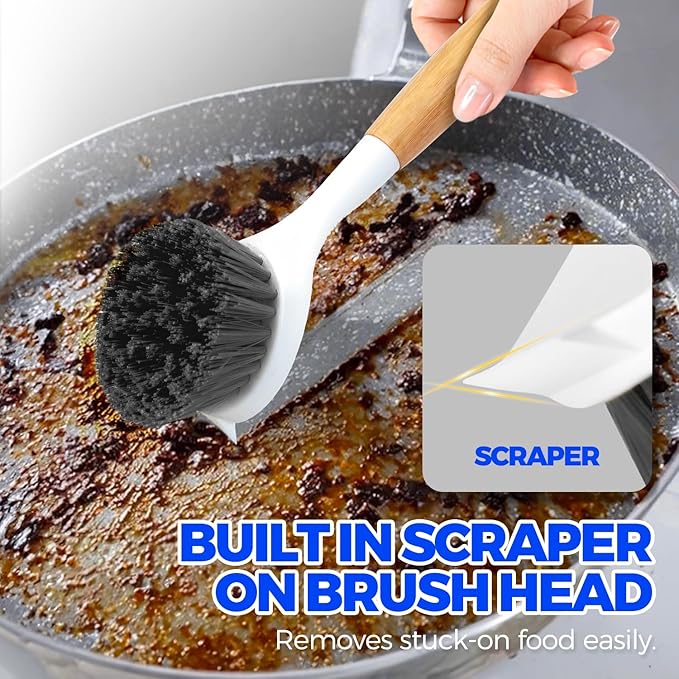 Holikme 3 Pack Cast Iron Brush and Scraper with Bamboo Handle – Skillet Scrubber with Tough Nylon Bristles, Kitchen Cleaner for Cleaning Skillet, Grill Pan, Dark Gray - Image 4