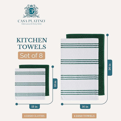 Casa Platino Kitchen Towel and Hand Towels for Kitchen – Cotton Dishcloths 8 Piece Set – Earthy Tones Meet Practical Design for Cooking, Drying, and Prep Flow – Olive