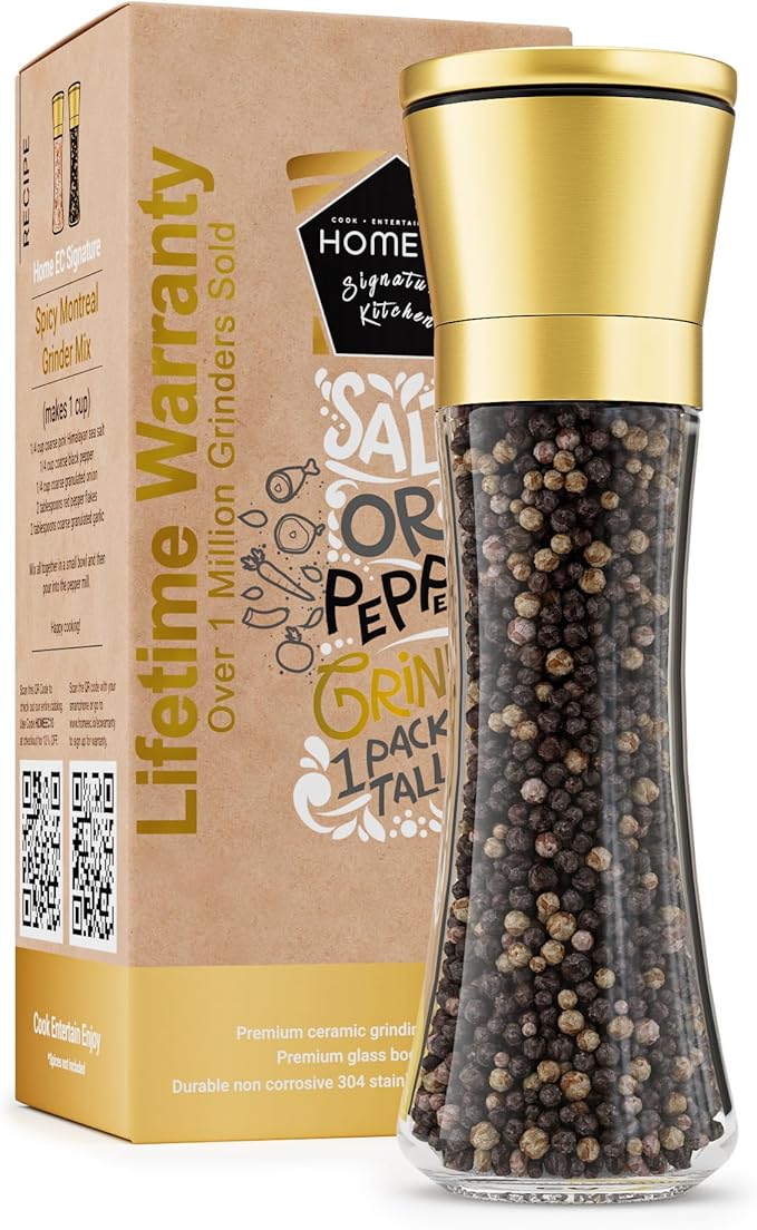 HOME EC Original Stainless Steel Salt or Pepper Grinder 1pk - Adjustable Ceramic Sea Salt Grinder or Pepper Mill - Tall Glass Spice Shaker - Spice Mill w/Ebook (Gold) by HOMEEC
