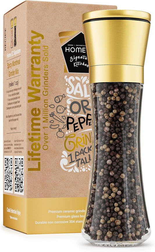 HOME EC Original Stainless Steel Salt or Pepper Grinder 1pk - Adjustable Ceramic Sea Salt Grinder or Pepper Mill - Tall Glass Spice Shaker - Spice Mill w/Ebook (Gold) by HOMEEC