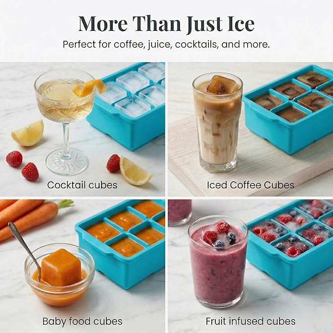 KitchFort Large Silicone Ice Cube Tray (2-Pack), Easy Release 2" Big Ice Cubes - Cocktail, Whiskey Ice Cubes Mold - Ice Trays for Freezer with Lid - Stackable Silicone Ice Tray - Turquoise - Image 7