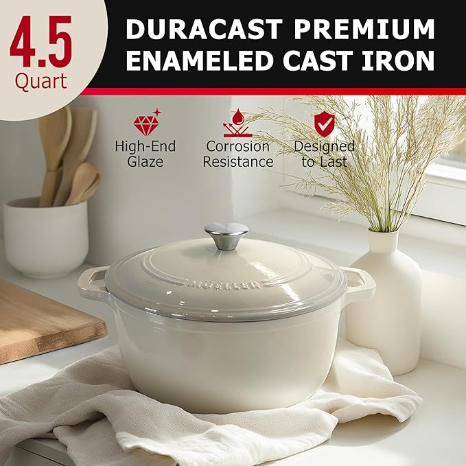 MUELLER HOME 4.5 QT Enameled Cast Iron Dutch Oven, Heavy-Duty Casserole Dish and Braiser Pan with Lid and Stainless Knob, Oven-Safe up to 500° F & Across All Cooktops, Oyster White - Image 2