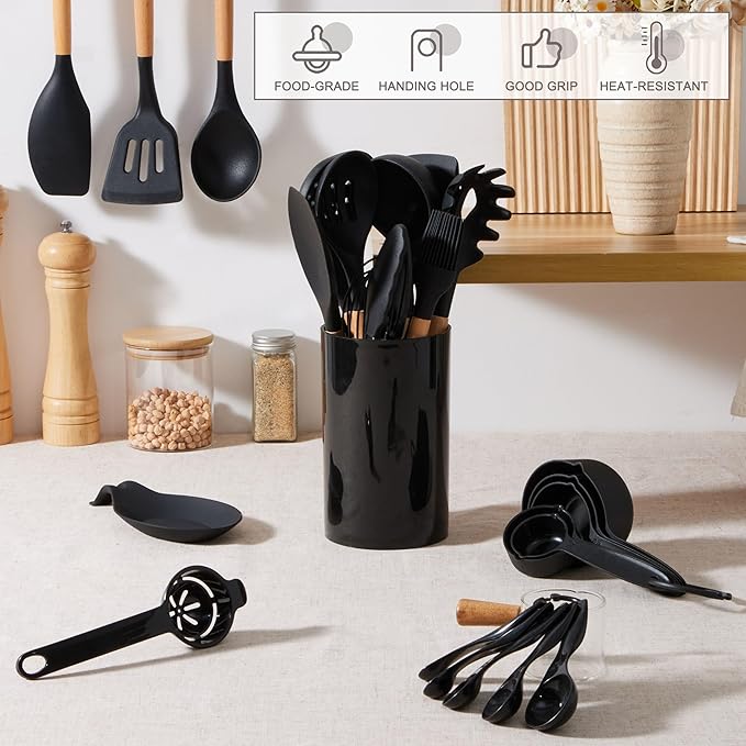 E-far Black Kitchen Utensils Set with Holder, 25-Piece Silicone Cooking Utensil Set with Wooden Handle for Nonstick Cookware, 446°F Heat Resistant Kitchen Tool Spatula Tongs Whisk, Non-toxic & Healthy - Image 6