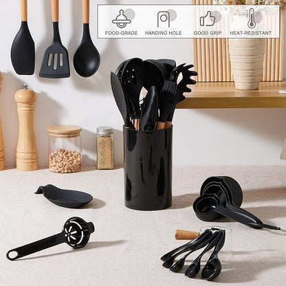 E-far Black Kitchen Utensils Set with Holder, 25-Piece Silicone Cooking Utensil Set with Wooden Handle for Nonstick Cookware, 446°F Heat Resistant Kitchen Tool Spatula Tongs Whisk, Non-toxic & Healthy - Image 6