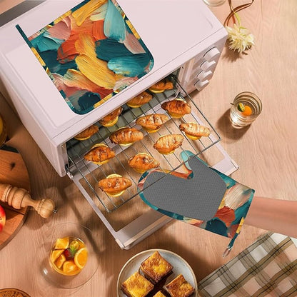Abstract Oil Painting Heat-Resistant Oven Mitts and Pot Holder Kitchen Non-Slip Silicone Cooking Microwave Gloves for Cooking Baking Grilling BBQ