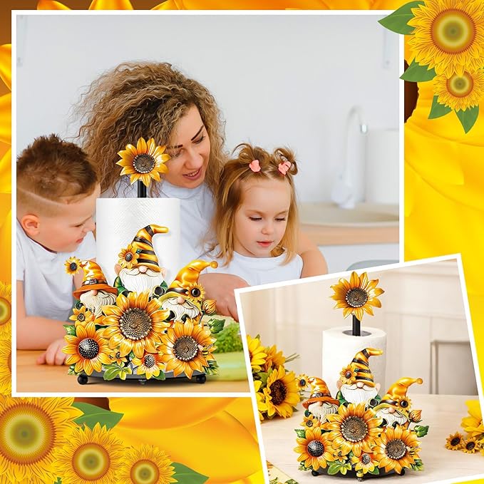 Thyle Sunflower Paper Towel Holder Summer Sunflower Gnome Kitchen Decor and Accessories Rustic Farmhouse Dispenser Kitchen Paper Holder Stand with Round Base for Countertop Toilet Home Accessories
