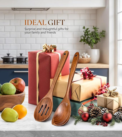 2Pcs Wooden Spoons for Cooking, Natural Premium Teak Wood Corner Spoon & Slotted Spoon, Good Grip Large Cooking Spoons Spatula, Heat Resistant Wooden Kitchen Cooking Utensils Set for Nonstick Cookware - Image 7