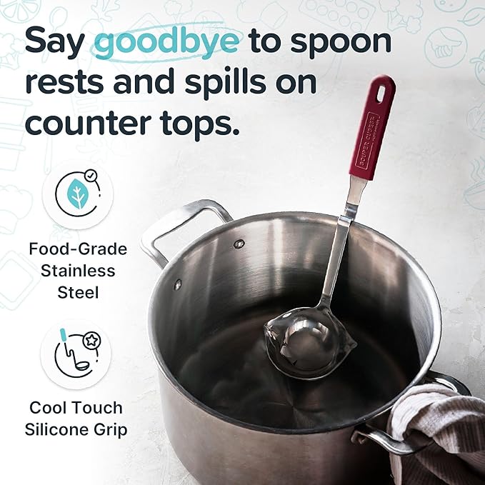 Souper Cubes + Lori Greiner No Mess Stainless Steel Soup Ladle with Silicone Handle - Metal Soup Ladle with No Mess Design That Hooks on Side of Any Pot - Cranberry - Image 3