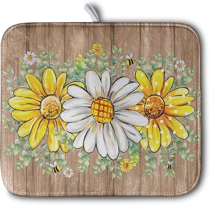 Rustic Daisy Floral Dish Drying Mat for Kitchen Counter Spring Summer Sunflower Dish Drying Mat Bee Absorbent Microfiber Dish Mat Reversible Dish Drainer Rack Mat 16x18 Inch by Kwlegh