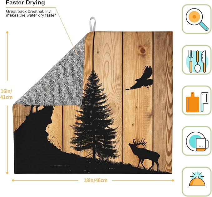 Retro Rustic Wolf Deer Forest Brown Wood Dish Drying Mat for Kitchen Counter, 16"x18" Microfiber Absorbent Fast Dry Mat, 2Pcs Dish Mat Faucet Mats Sets, Large Drying Kitchen Mat Kitchen Drying Pad