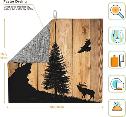 Retro Rustic Wolf Deer Forest Brown Wood Dish Drying Mat for Kitchen Counter, 16"x18" Microfiber Absorbent Fast Dry Mat, 2Pcs Dish Mat Faucet Mats Sets, Large Drying Kitchen Mat Kitchen Drying Pad
