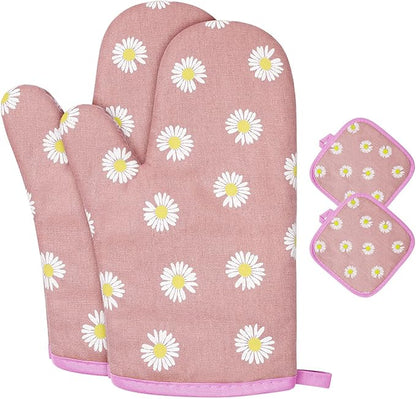 AUAUY Oven Mitts and Potholders, BBQ Gloves Heat Resistant, 1 Pair Oven Mitts and 2 Pot Holders, Cotton Non-Slip Cooking Gloves for Cooking Baking Kitchen Microwave Pizza(Daisy-Pink) by AUAUY