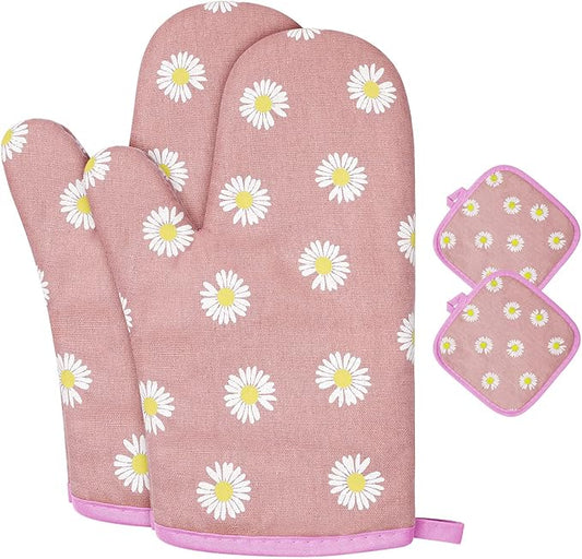 AUAUY Oven Mitts and Potholders, BBQ Gloves Heat Resistant, 1 Pair Oven Mitts and 2 Pot Holders, Cotton Non-Slip Cooking Gloves for Cooking Baking Kitchen Microwave Pizza(Daisy-Pink) by AUAUY