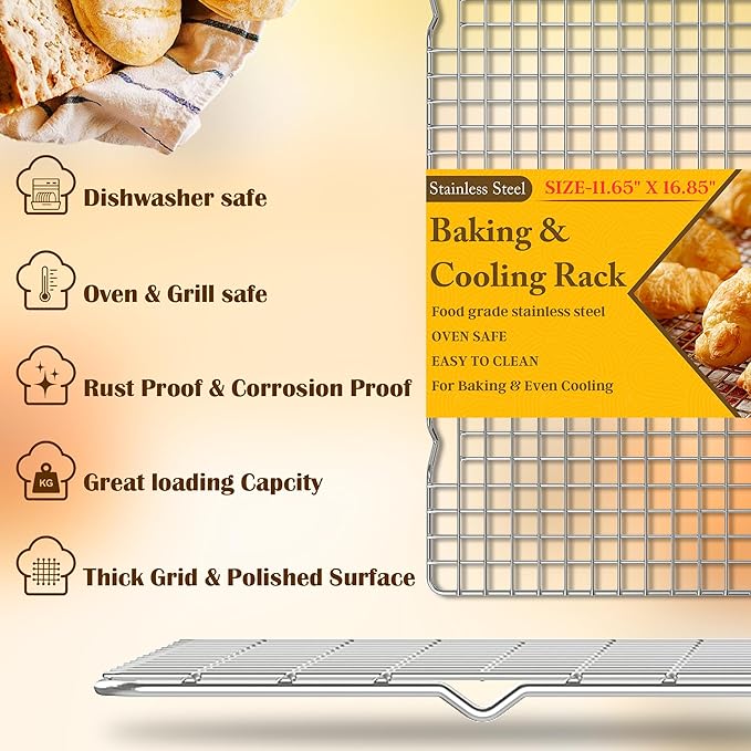 2PCS Cooling Racks for Cooking and Baking -11.65''x16.85''Heavy Duty Stainless Steel Wire Rack for Baking, Grilling, Roasting - Oven & Dishwasher Safe - Fits Half Sheet Pan（Silver） - Image 2