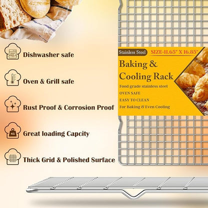 2PCS Cooling Racks for Cooking and Baking -11.65''x16.85''Heavy Duty Stainless Steel Wire Rack for Baking, Grilling, Roasting - Oven & Dishwasher Safe - Fits Half Sheet Pan（Silver） - Image 2