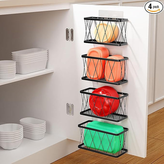 BasicForm 4 Pack Metal Kitchen Inside Cabinet Door Organizer, Adhesive Lid Organizers Cabinet Door Storage for Tupperware Lid, Storage Holder Basket for Kitchen Wall Mounted (Black) by BasicForm