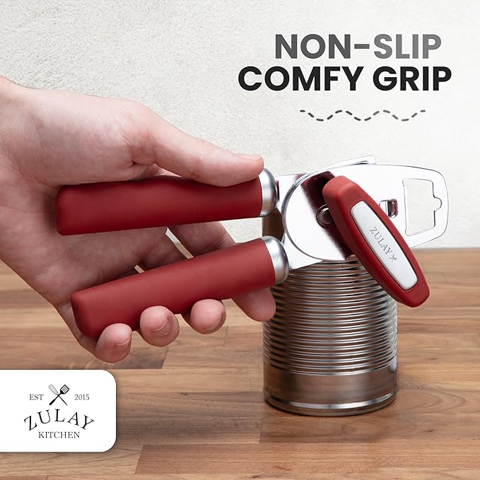 Zulay Kitchen Heavy Duty Stainless Steel Can Opener Manual with Bottle Opener - Rust Proof Manual Can Opener With Turn Knob & Comfy Soft Grip Handles - Red - Image 5