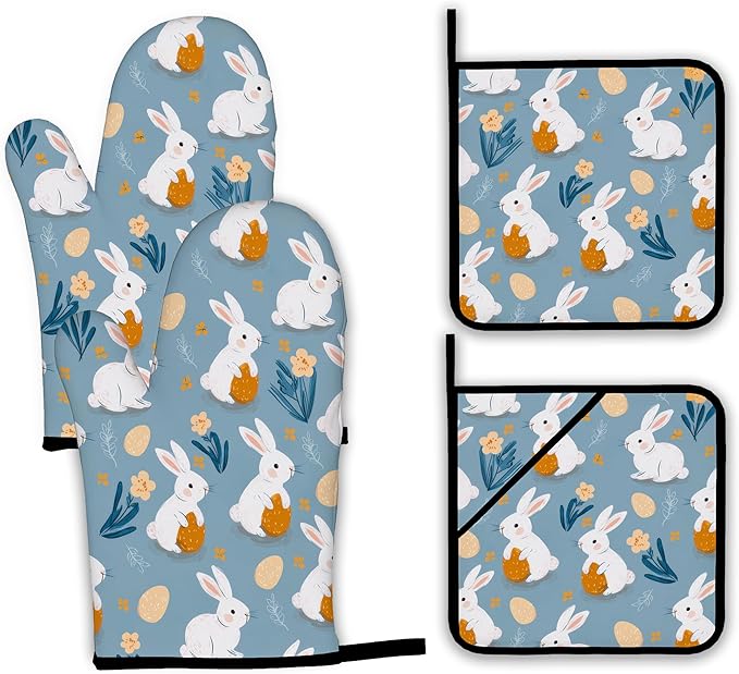 Easter Oven Mitts and Pot Holders Set,Cute Rabbit Kitchen Decor Heat Resistant Non Slip Hot Pads and Oven Mitt for Chef Cooking Baking BBQ Mom Girl Gifts(4 Piece Set)