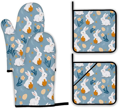 Easter Oven Mitts and Pot Holders Set,Cute Rabbit Kitchen Decor Heat Resistant Non Slip Hot Pads and Oven Mitt for Chef Cooking Baking BBQ Mom Girl Gifts(4 Piece Set)