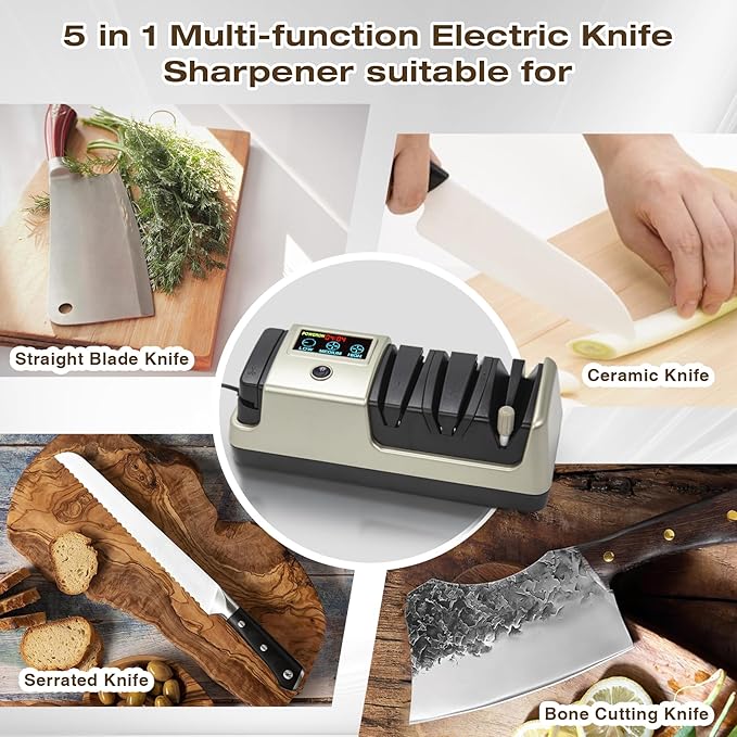 Light Blonde 5 in 1 Electric Knife Sharpener with LCD Screen for Kitchen Knives, 3 Rotational Speed Electric kitchen Knife Sharpener for Straight,Serrated, Ceramic Knives,Scissors & Axes - Image 7