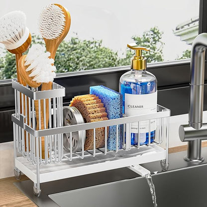 Cisily Sponge Holder for Kitchen Sink, Sink Caddy Organizer with High Brush Holder, Kitchen Countertop Organizers and Storage Essentials, Rustproof 304 Stainless Steel (Silver, 9.25″) by CISILYHOMELIFE