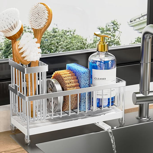 Cisily Sponge Holder for Kitchen Sink, Sink Caddy Organizer with High Brush Holder, Kitchen Countertop Organizers and Storage Essentials, Rustproof 304 Stainless Steel (Silver, 9.25″) by CISILYHOMELIFE