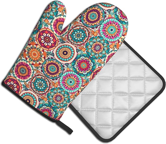 Boho Oven Mitts and Pot Holders - Mexican Flower Kitchen Mitt Sets of 2 Bohemian Oven Gloves Hot Pads for Cooking Baking Grilling - Image 2