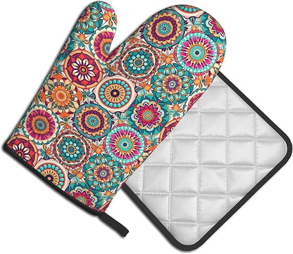 Boho Oven Mitts and Pot Holders - Mexican Flower Kitchen Mitt Sets of 2 Bohemian Oven Gloves Hot Pads for Cooking Baking Grilling - Image 2