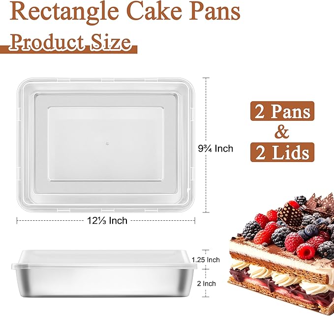 LIANYU 2 Pack Stainless Steel Baking Pan with Lid, 12⅓ x 9¾ x 2 Inch Rectangle Sheet Cake Pan, Lasagna Brownie Bakeware Set with Cover, Non-Toxic & Dishwasher Safe (2 Pans + 2 Lids)