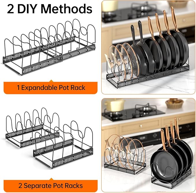 MUDEELA 2 Pack Pots and Pans Organizer Rack for under Cabinet, Expandable Pot Lid Kitchen Cabinet Organizer Holder with 10 Adjustable Compartment Cutting Board Organizer for Pan Lid, Bakeware Sheet - Image 6