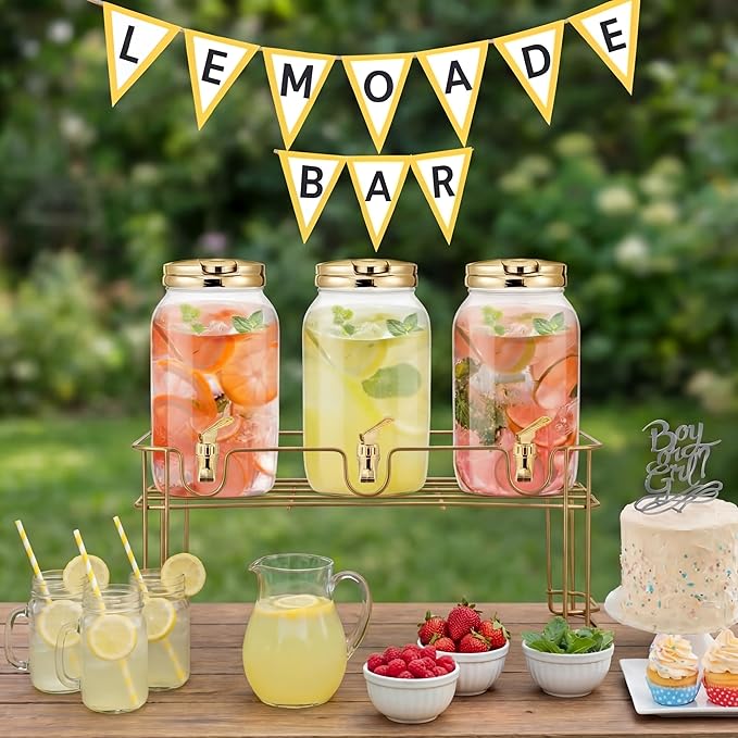 Tanlade 3 Pcs Plastic Drink Dispenser with Stand Beverage Dispenser with Sturdy Metal Base Juice Dispensers for Parties Lemonade Jar Spigot for Weddings Countertop, Each 1 Gallon(Gold)