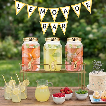 Tanlade 3 Pcs Plastic Drink Dispenser with Stand Beverage Dispenser with Sturdy Metal Base Juice Dispensers for Parties Lemonade Jar Spigot for Weddings Countertop, Each 1 Gallon(Gold)