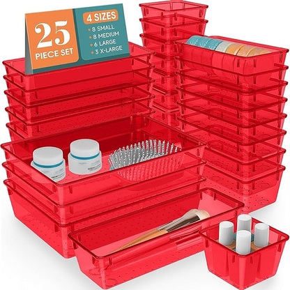 WOWBOX 25 PCS Plastic Drawer Organizer Set, 4 Sizes Desk Drawer Divider Organizers and Storage Bins for Makeup, Jewelry, Gadgets for Kitchen, Bedroom, Bathroom, Office, Clear Red by WOWBOX