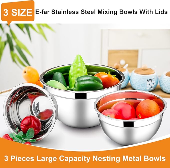 E-far Mixing Bowls with Lids, 6-Piece Stainless Steel Salad Bowls Metal Nesting Bowls for Baking Cooking and Prepping, Airtight Lids & Stackable Design, Size 4.5, 3, 1.5 QT (Colorful) - Image 3