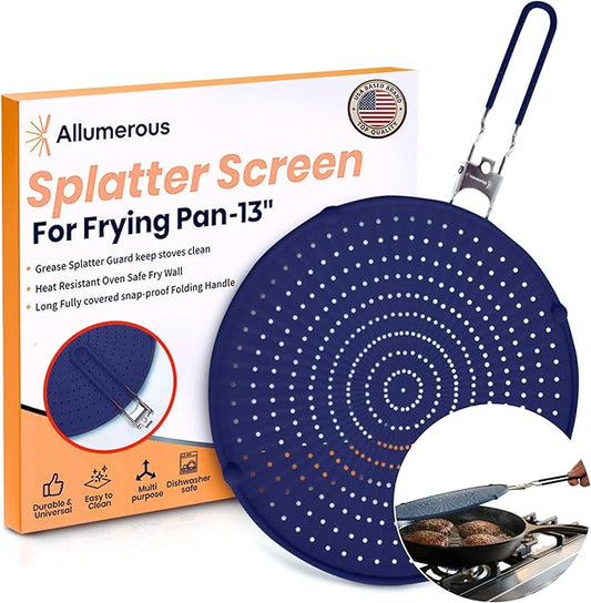 Silicone Splatter Screen for Frying Pan, 13” Navy – Grease & Oil Splatter Guard, Heat Resistant, Dishwasher Safe, Foldable Handle with Sleeves – Splash Guard Fits 10–12” Pans, Most 13” Skillets by Allumerous