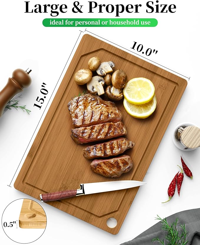 Kitsure Bamboo Cutting Board - Multi-Sizes Wooden Cutting Boards for Kitchen, Convenient Kitchen Essentials with Deep Juice Grooves, Cutting Board for Chopping & Serving, Large, Brown - Image 2