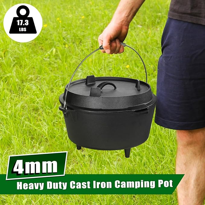 5QT Cast Iron Dutch Oven with Stainless Steel Scrubber, HaSteeL 2-In-1 Pre-seasoned Camping Pot, Heavy Duty Campfire Pot with Feet for Outdoor Stovetop Griddle Cooking Baking Roasting Stewing